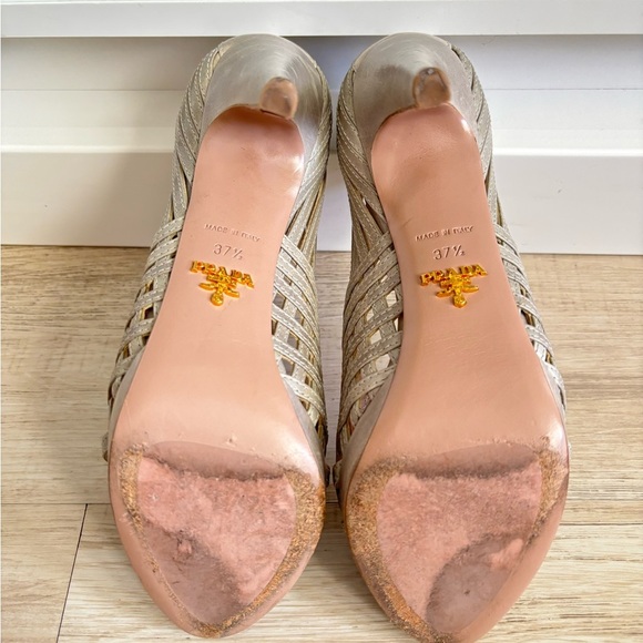 Authentic Prada gray Leather Strappy Open Toe Platform Pumps Size 37.5 - Picture 8 of 9